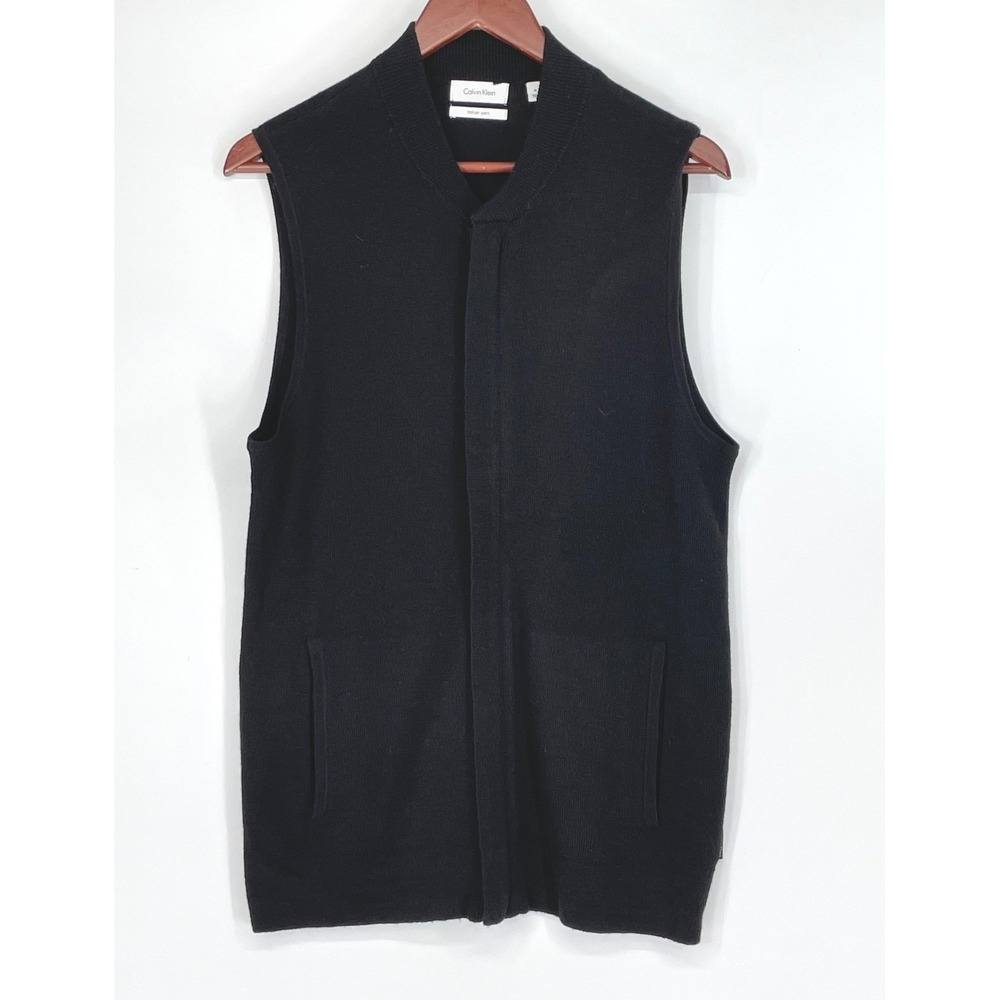 Calvin Klein Mens Vest M Full Zip Black Merino‎ Wool Blend Italian Yarn